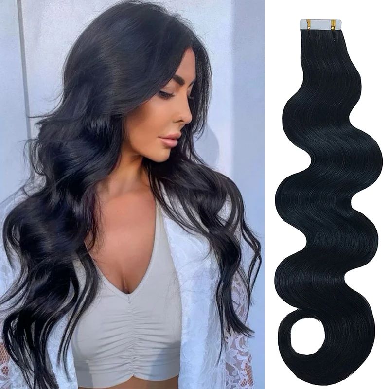 Invisible Tape In Extensions Real Hair - เทปยืดผมเป็นลอนยาวเทปพันเส้นผมมนุษย์แบบบราซิลเลี่ยนสกินเวฟท์เทปกาวผมสีดำธรรมชาติบนเส้นผม100กรัม40ชิ้น