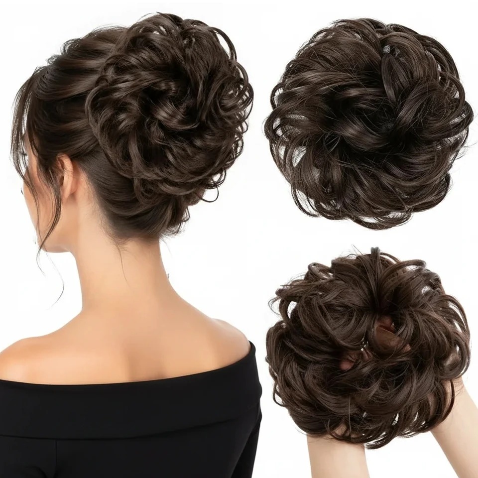 Claw Clip Messy Bun Hair Piece - แฮร์พีซทรงผมมวยยุ่งๆ ลอนคลื่นสวยสง่า พร้อมกิ๊บหนีบผมแบบมีปุ่มประดับ ให้ผมดูฟูฟ่อง เหมาะสำหรับเป็นเครื่องประดับผมสุดเก๋สำหรับผู้หญิง