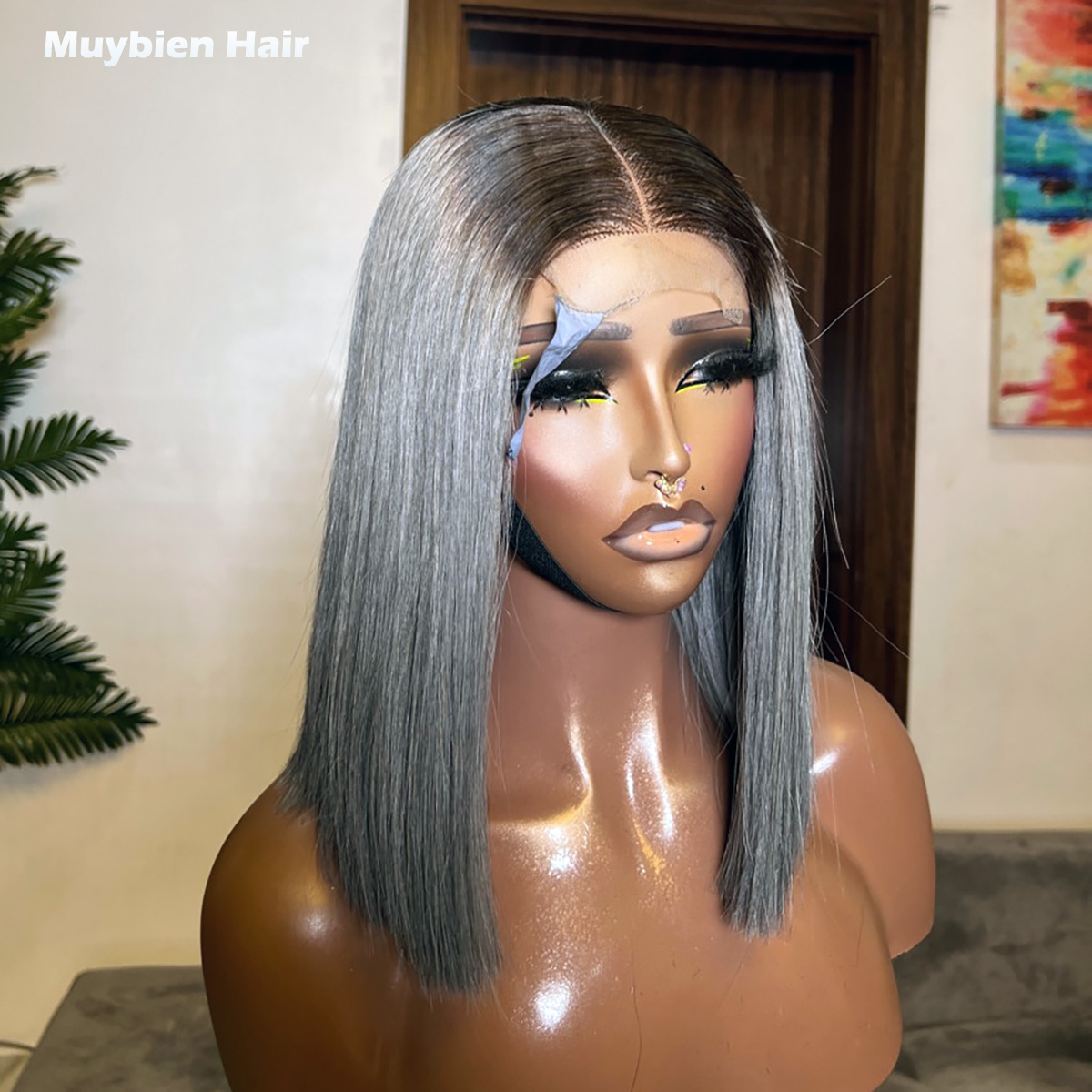 Glueless Wear And Go Human Hair Wig - วิกผมบ๊อบแบบตรงสีเทาเข้ม แบบ Super Double Drawn พร้อมปิดผมด้านหน้าแบบ