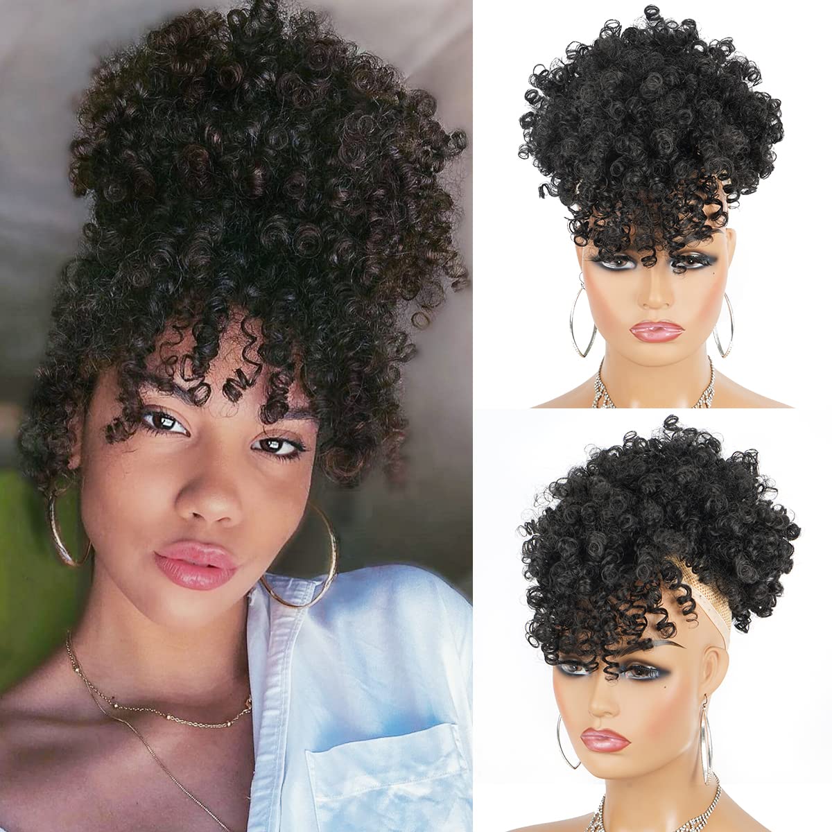 ผมปลอมแบบผูกเชือกหางม้ากับผมม้ - Drawstring Afro Curly Puff Ponytail บทวิจารณ์และราคา